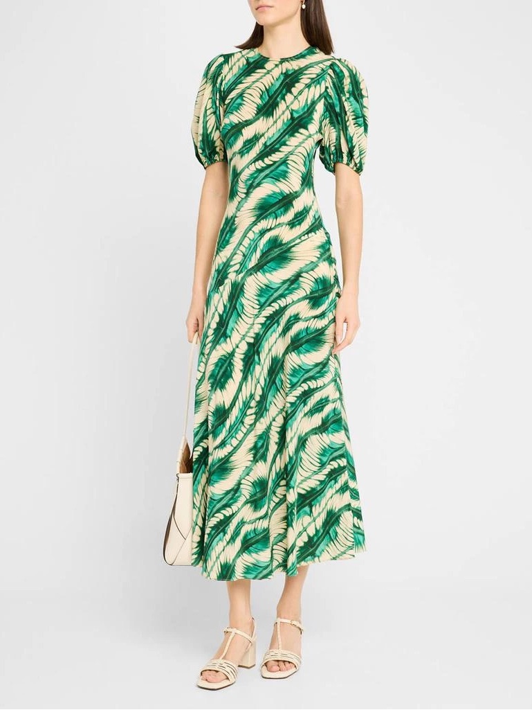 Ulla Johnson Ines Green Silk Print Dress With Puff Sleeves Size 6 $690